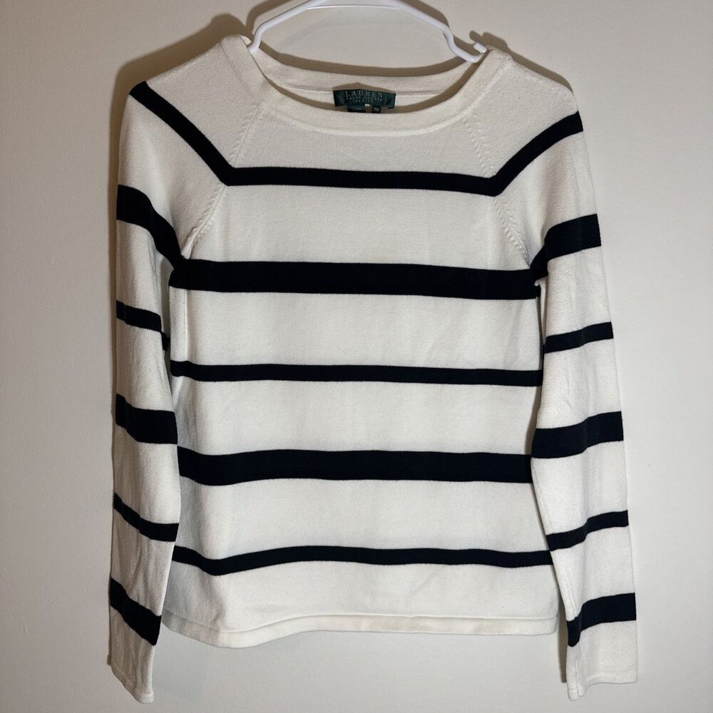 Lauren Ralph Lauren Petite Striped Raglan Sleeve Knit Pullover Sweater Black Whi